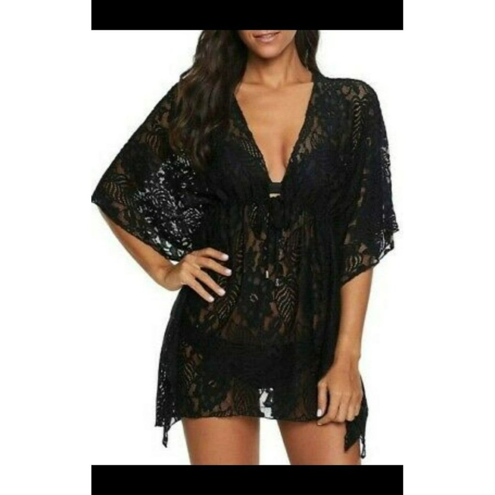 Black Lace pullover butterfly cover up, adjustable under bust string size XL
